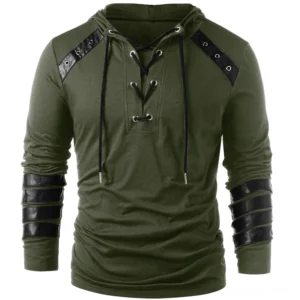 Herren Gothic Lace-Up Kunstleder-Patchwork Kapuzenpullover in Armeegelb mit metallischen Ösen und taktischen Schulterpatches - Frontale Flachansicht