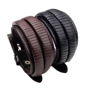 Gothic doppelbreites Leder Armband Herren mit botanischer Blatt-Prägung, schwarz-braun Zweifarbig-Design, verstellbare Metallschnalle, Seitenansicht