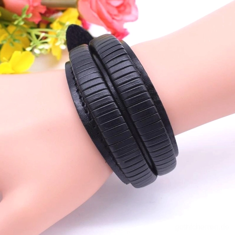 Gothic Herren-Leder Armband Kollektion Doppelbreit mit botanischen Blatt-Motiv, gerippte Prägung, Alternative Fashion-Accessoire