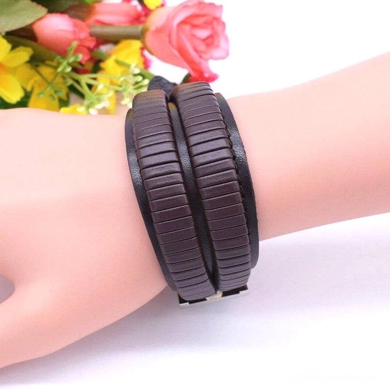 Schwarz und braun Leder Armband Herren mit gerippter Textur-Detail, Doppel-Sicherheitsverschluss-System, Gothic-Mode-Accessoire