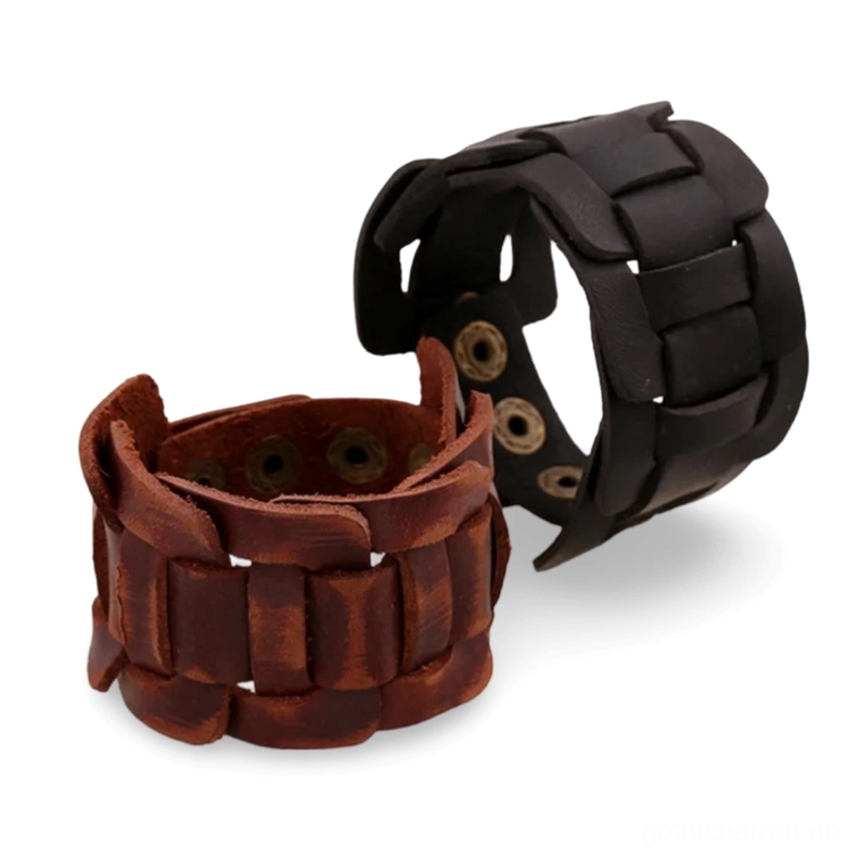 Gothic Leder Snap Armband in Schwarz und Braun, geflochtene Woven Wristbands Flachaufnahme mit Messing-Schnappverschlüssen, verstellbares alternatives Handgelenk-Accessoire