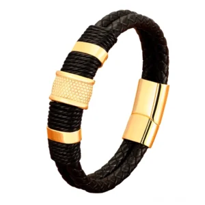 Schwarz-Gold zweifarbiges Gothic Herren-Lederarmband mit kontrastierenden Edelstahl-Zierelementen und magnetischer Schließe