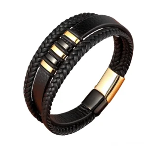 Gothic Magnetarmband Leder Herren Gold-Schwarz Doppelschicht Flechtdesign Metallakzente mit modernem Magnetverschluss System