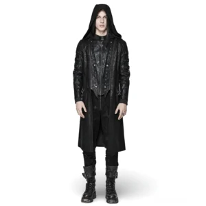 Vorderansicht schwarzer Gothic Mantel mit abnehmbarer Kapuze und Mesh-Ärmeln, getragen von männlichem Model in All-Black-Punk-Outfit mit Combat-Boots