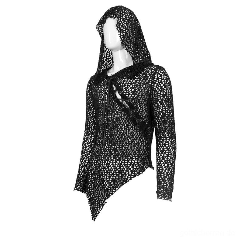 Rechte Dreiviertelseitenansicht des Gothic-Punk-Mesh-Shirts mit Hervorhebung der spitzen asymmetrischen Saumlinie