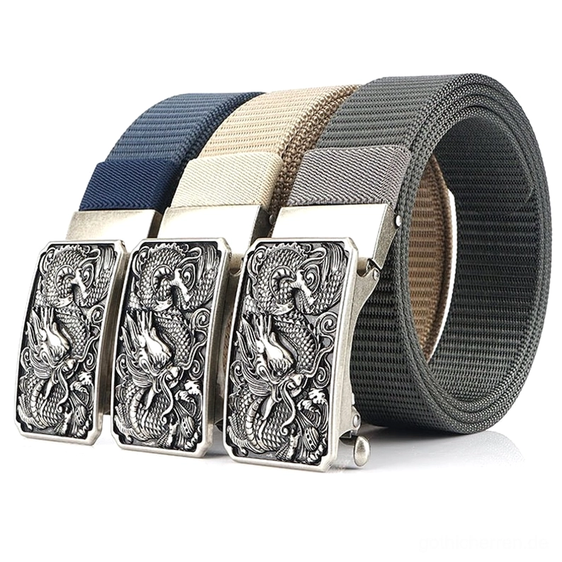 Gothic Military Drachengürtel Trio Set Display Schwarz Dunkelblau Braun Nylon Webbing Embossed Dragon Buckle Details