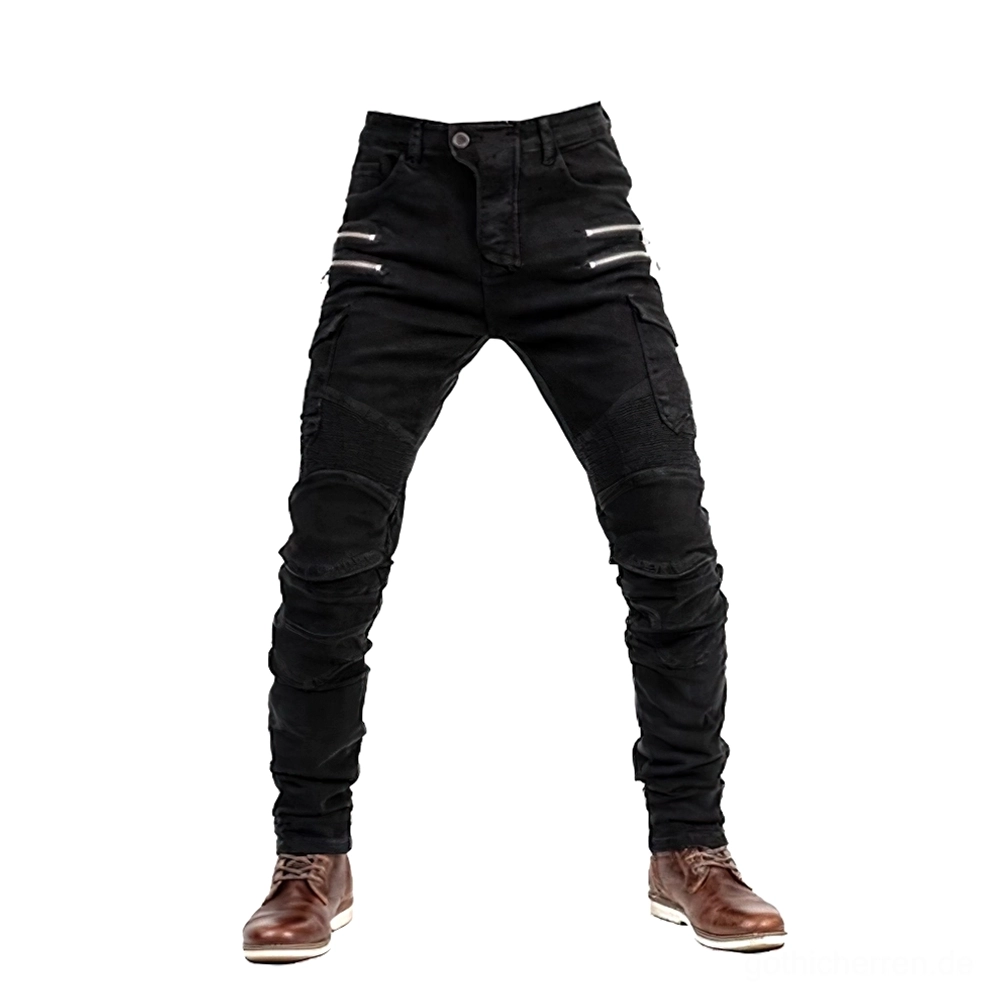 Gothic Motorrad Cargo Hose in Schwarz, Frontansicht mit strategischen Reißverschlusstaschen, verstärkten Kniefalten und Multi-Pocket-Design, Slim-Fit Tactical Trousers für urbane Dark-Aesthetic