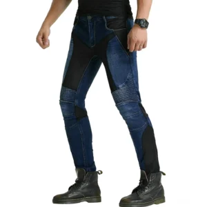 Gothic-Motorradschutzhose mit blauschwarzem Farbblock und verstärktem Knie-Panzer vorne drei-viertel-Ansicht
