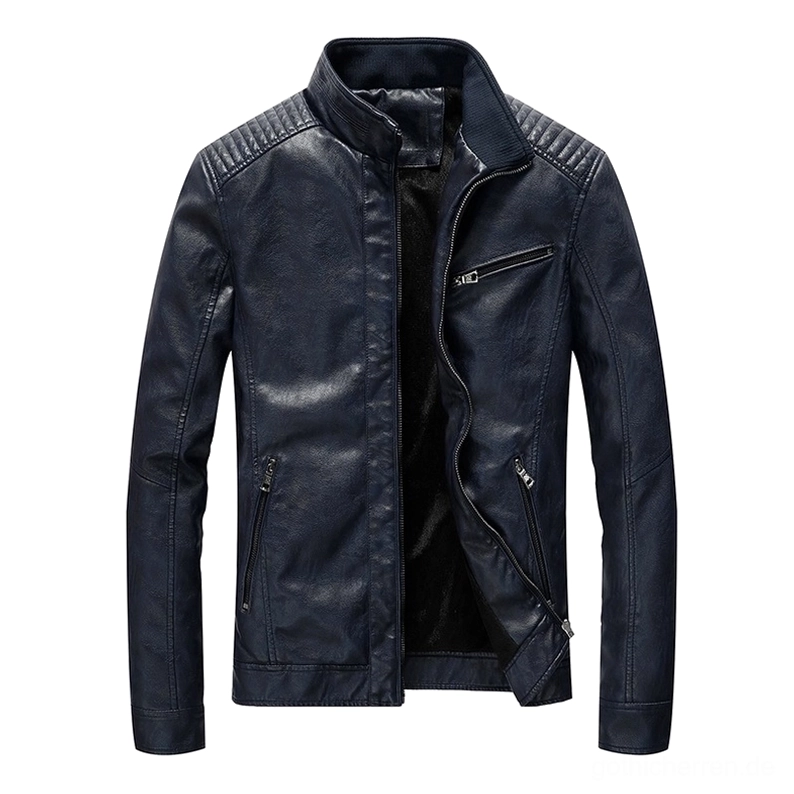 Dunkelblau Stand Collar PU-Leder Motorradjacke Flachlage Vorderansicht offen, mit Reißverschluss-Taschen und gesteppten Schulterdetails, Goth Fashion