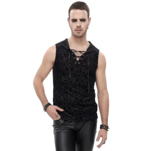 Herren-Gothic-Muskelshirt mit Kapuze und Spitzenverschluss, schwarzes samtiges Blumenmuster, Vorderansicht auf männlichem Model mit Lederhose und Punk-Accessoires