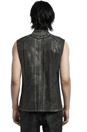 Gothic Muskelshirt Rückansicht auf Modell zeigt tailierte Rückennähte und verblassten distressed schwarzen Stoff mit hochwertigem Netzdetail