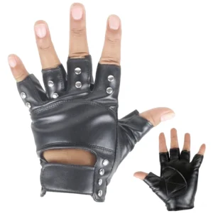 Gothic fingerlose Lederschuhe mit silbernen Metallnieten und Halbfinger-Design, Vorderansicht mit Nieten-Details und asymmetrischem Wrist-Cutout-Panel