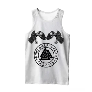 Gotisches Nordic Viking Tank Top Rückansicht mit intricate keltischen Knotenmuster-Design, rote Edelstein-Akzente, nordische mythologische Motive um Valknut-Symbol, dunkelgothischer Style Muskelshirt