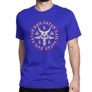 Royal Blaues Herren Gothic Pentagramm T-Shirt mit klassischem Baphomet Kreis Badge und rotem Rahmen okkultes Design