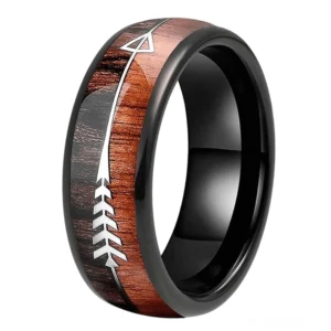Schwarzer Gothic Pfeil Holzmaserung Edelstahl Ring Unisex Alternative Schmuck Seitenansicht links dunkel elegant