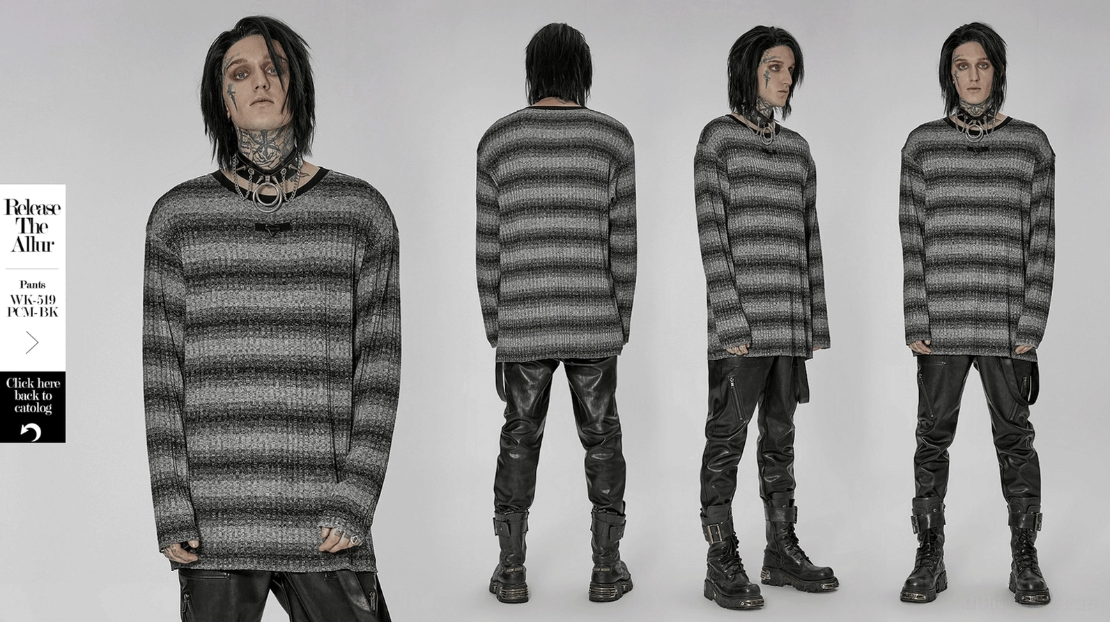 Ganzkörper-Styling Aufnahme des monochromatischen gestreiften Gothic Pullis zeigt wie übergroße lockere Passform zeitgenössische dunkle Ästhetik erzeugt Herren