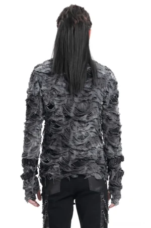Rückansicht des grauen Gothic Pullover mit asymmetrischem ausgefranstem Saum und durchgehender zerrissener Textur