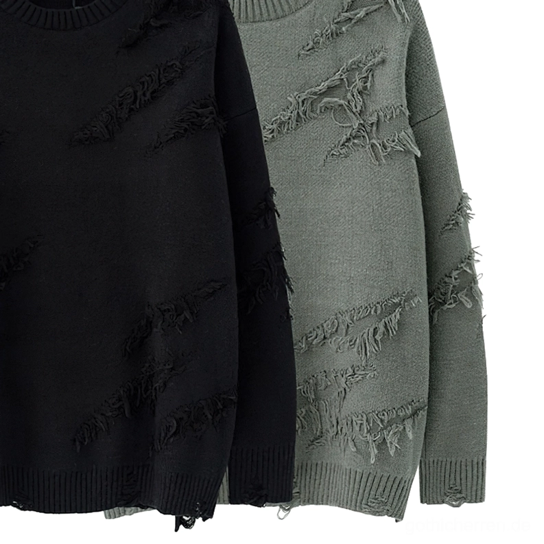 Schwarzer und salbeigrün zerrissener Gothic Strickpullover Farbvergleich nebeneinander flach ausgelegt identische übergroße Passform beide Farboptionen