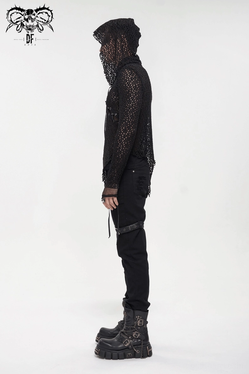 Gothic-Punk-schwarzes Mesh-Kapuzenshirt mit Langärmeln und durchsichtigem Strickstoff-Detailansicht