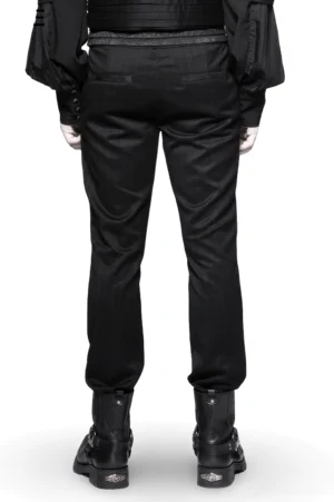 Gothic Röhrenhose Rückansicht, dekoratives gemustertes Bund-Detail, Steampunk-inspiriert, schwarze Streifenhose mit Taschen