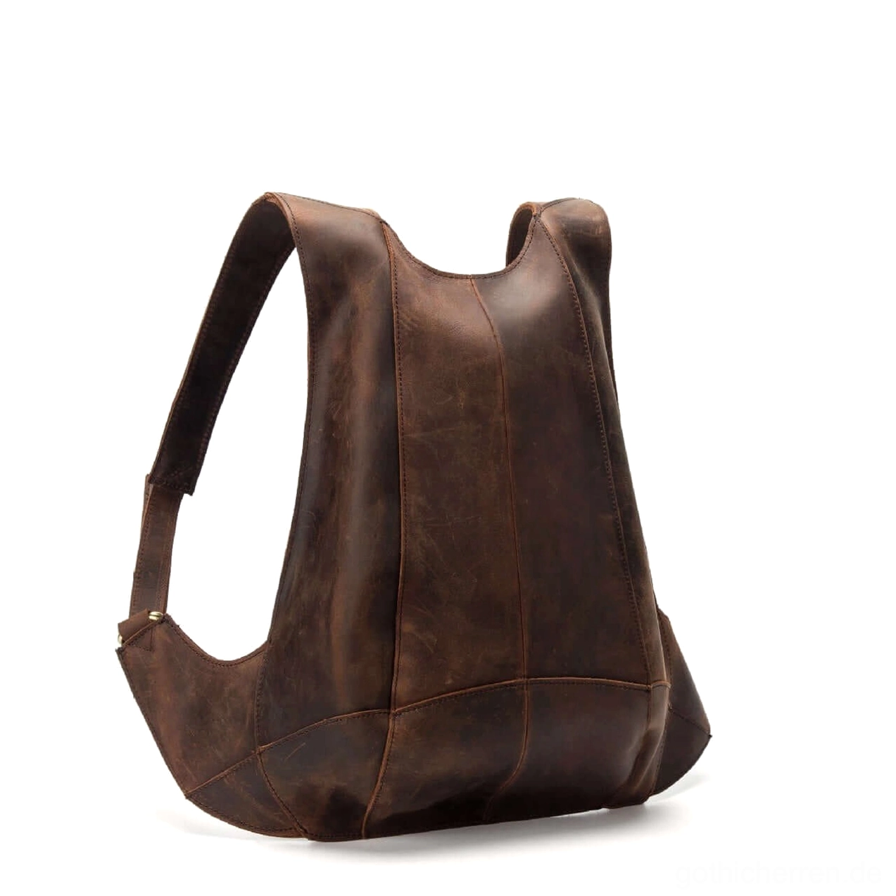 Abgenutztes dunkelbraun Leder Gothic Rucksack Seiten-Hinteransicht strukturierte Silhouette Schulterriemen-Hardware Vintage-Charakter
