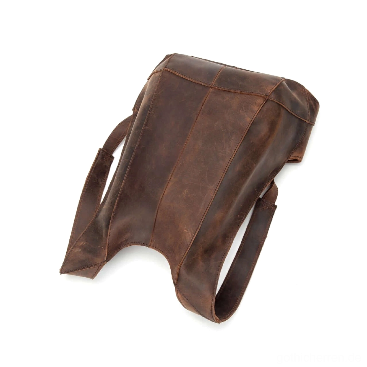 Dunkelbraun abgelöstes Leder Gothic Rucksack umgekehrte Seitenprofilansicht Panelstitch Details verstellbare Schultergurte Basiskonstruktion