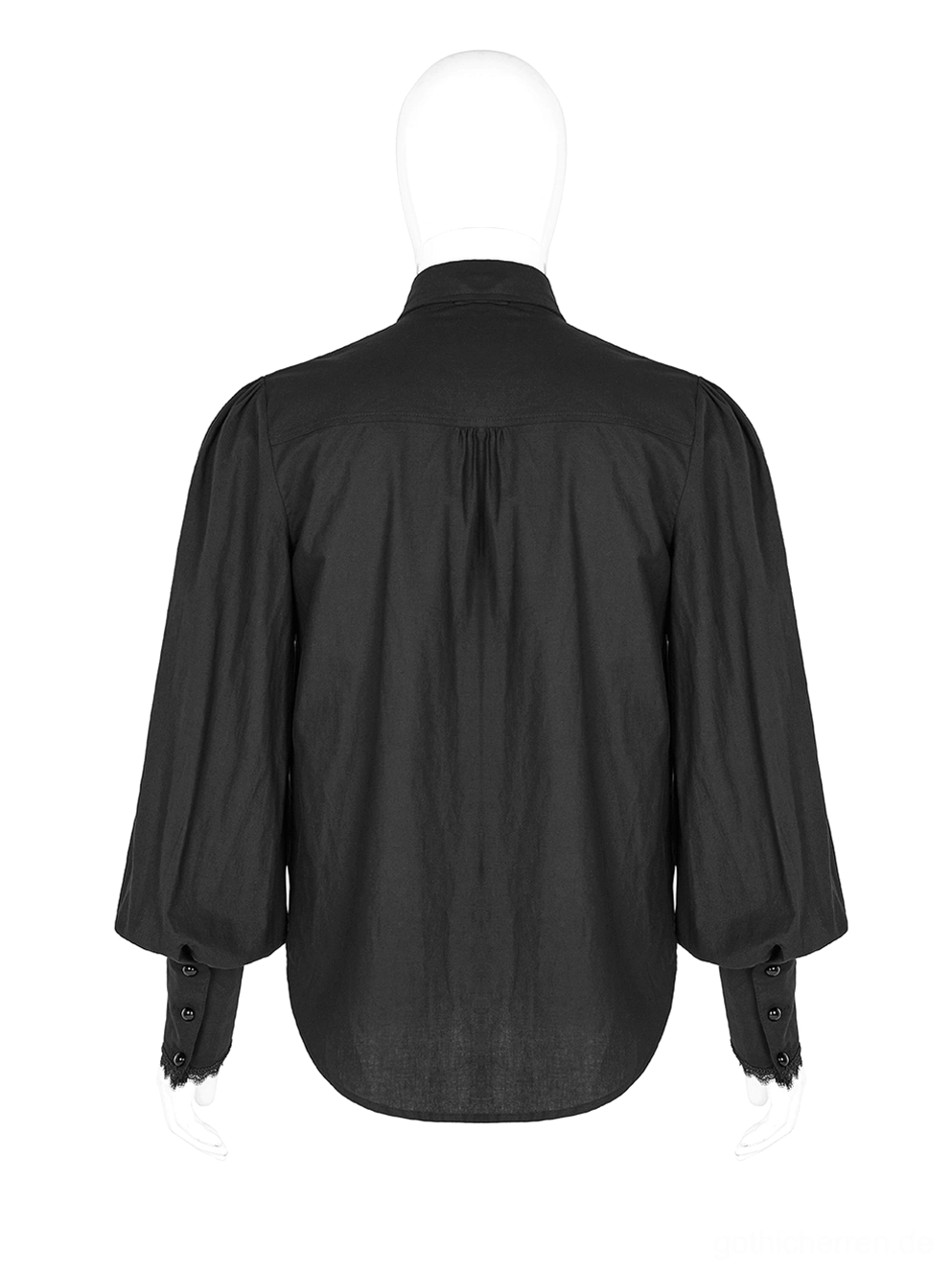 Rückansicht des Gothic-Rüschenhemdes mit raffiniert gesammeltem Rückenstoff und geschwungenem Saum auf Mannequin