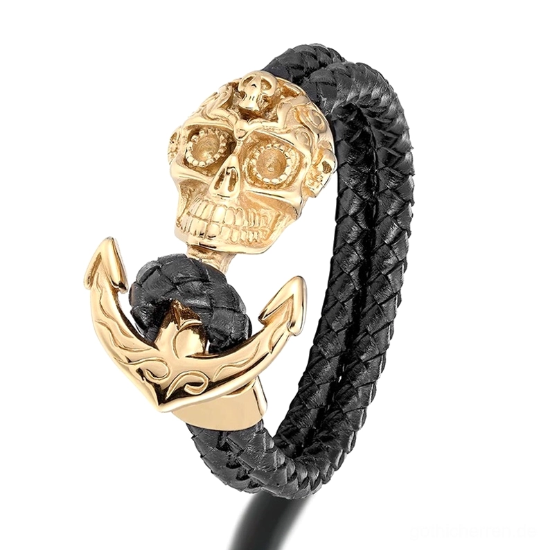 Vergoldetes Gothic Schädel Anker Lederarmband für Herren mit goldenem Edelstahl Verschluss und schwarzem geflochtenen Lederband - Memento Mori Design