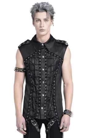 Schwarzes Gothic ärmelloses Schnür-Shirt mit Military-Epauletten und Metallknöpfen - Vorderansicht auf männlichem Model mit silbernem Haar und Punk-Schmuck