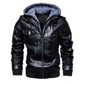 Gothic schwarze Kapuzen-Lederjacke für Herren Frontansicht mit Metall-Reißverschlüssen und abnehmbarer Strickkapuze