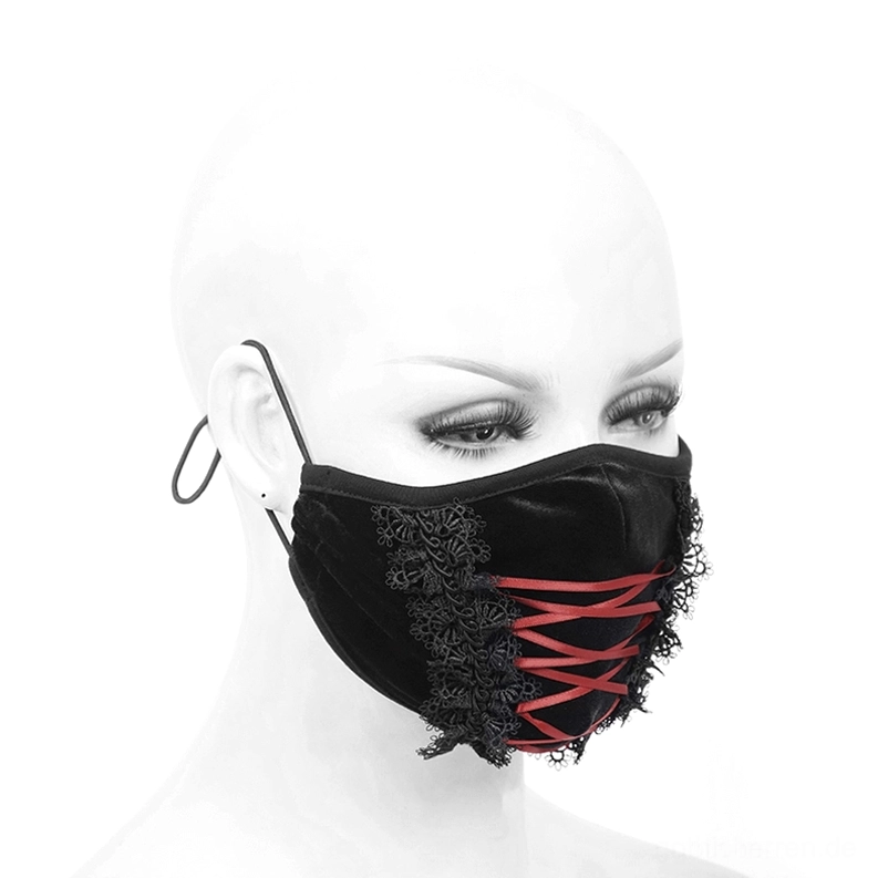 Gothic-schwarze Samtkorsett-Maske mit rotem Akzent und Spitzendetails – rechte Dreiviertelansicht auf weiblichem Mannequin-Kopf