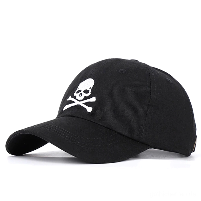 Schwarze Gothic Schädel Kappe mit weißer Totenkopf- und Gekreuzte-Knochen-Stickerei, Vorderansicht, Unisex Baumwoll-Baseball-Cap mit präziser Fadenstickerei, Dark Fashion Statement