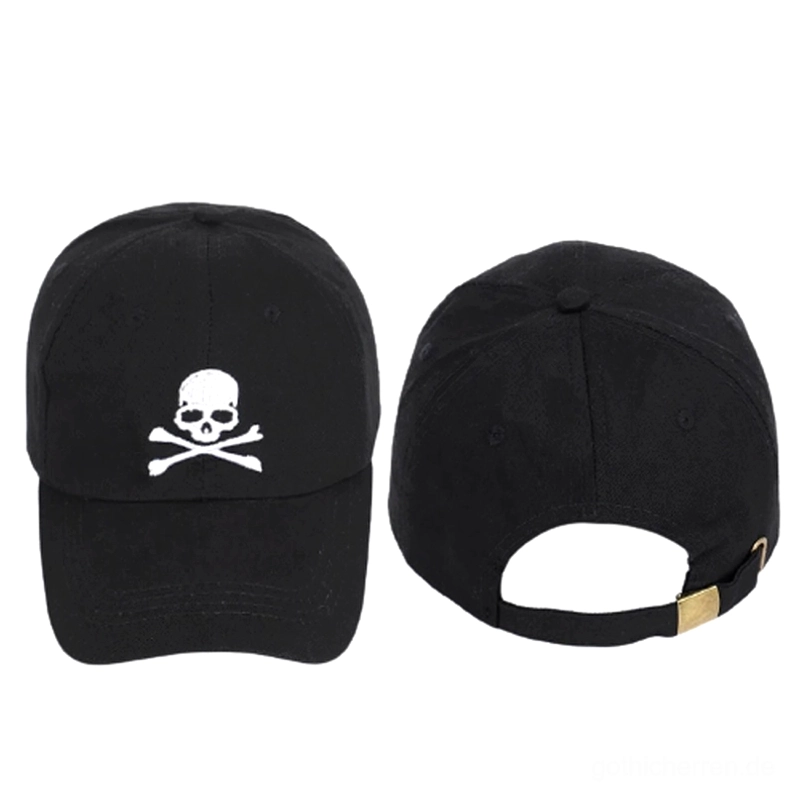 Schwarz und Beige Gothic Baseball Kappen Vorder- und Rückansicht im Vergleich, verstellbarer goldfarbener Metallverschluss-Riemen, Farbvarianten Übersicht, Dark Style