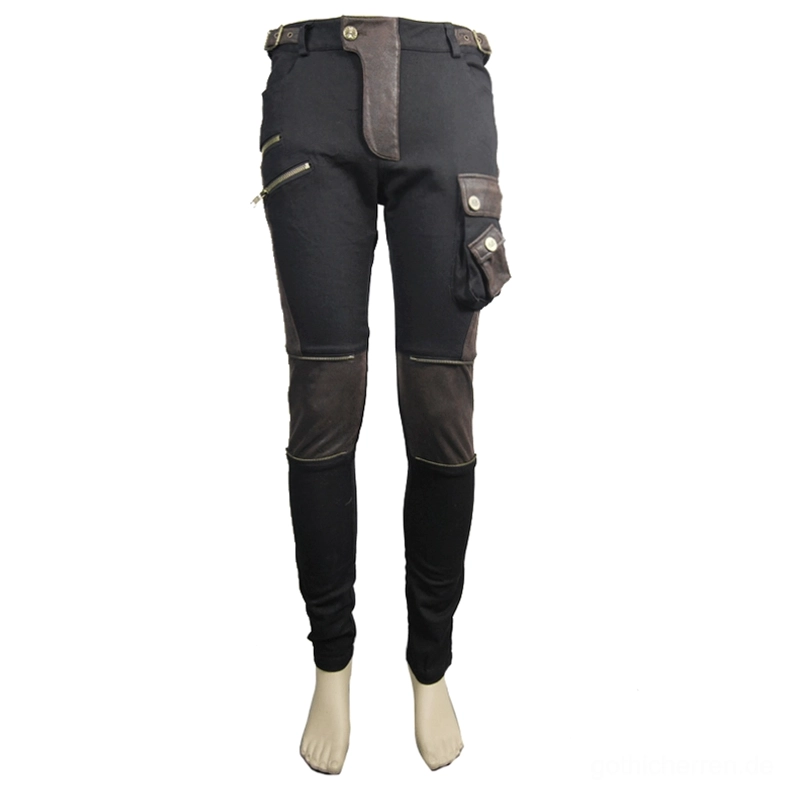 Gothic Slim-Fit Hose in Vorder-Rückseiten-Dreiviertelsicht am Mannequin, Farbblock-Design in Schwarz und Braun mit seitlichem Reißverschluss