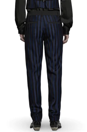 Gotische Slim-Fit schwarzblaue Röhrenhose Rückenansicht Vollkörper tailorierter Schnitt strukturierte Welt Gesäßtaschen