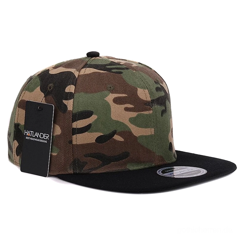 Dunkle Tarnmuster-Gothic-Snapback-Baseball-Kappe alternative Winkelansicht zur Präsentation des vollständigen Designs
