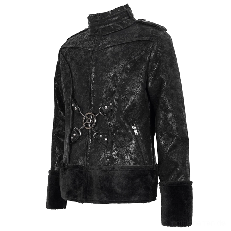 Dreiviertelfrontal-Ansicht schwarze Gothic Stand-Collar Jacke - Seitliche Reißverschluss-Taschen und strukturierter Kragen sichtbar