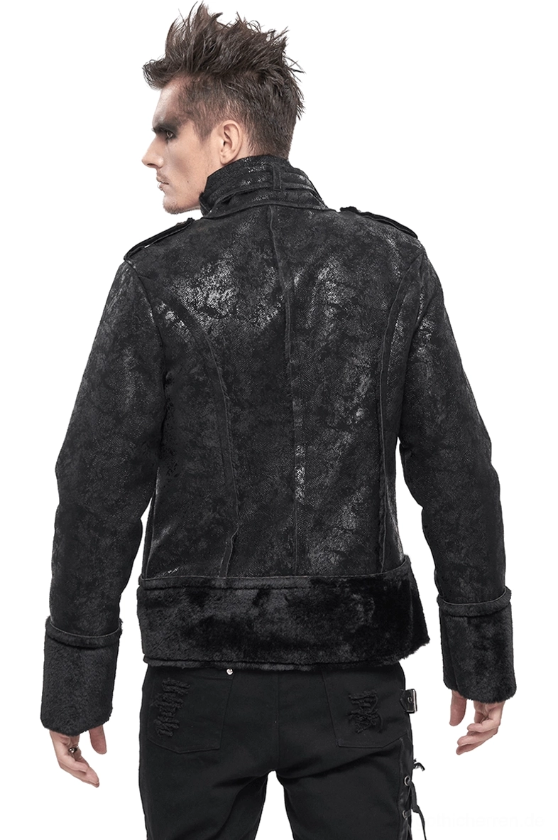 Schwarze Gothic Punk Jacke Rückansicht - strukturierte Schulterepauletten und Kunstfell Saum Detail