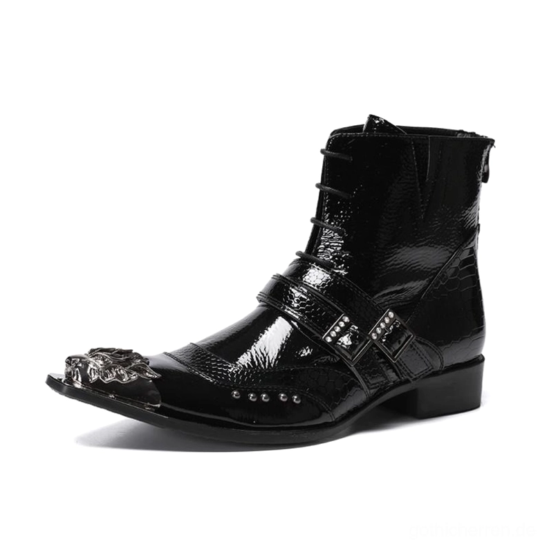 Herren Gothic Ankle Boots Seitenprofilansicht mit spitzer Metallzehenschutzkappe und niedrigem Blockabsatz schwarzes Patentleder