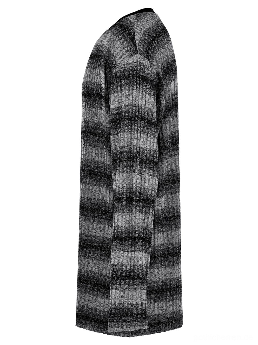 Seitenprofil Flachlage des monochromatischen gestreiften Gothic Pullis zeigt vertikale gerippte Strickstruktur und entspannte übergroße Silhouette Herren