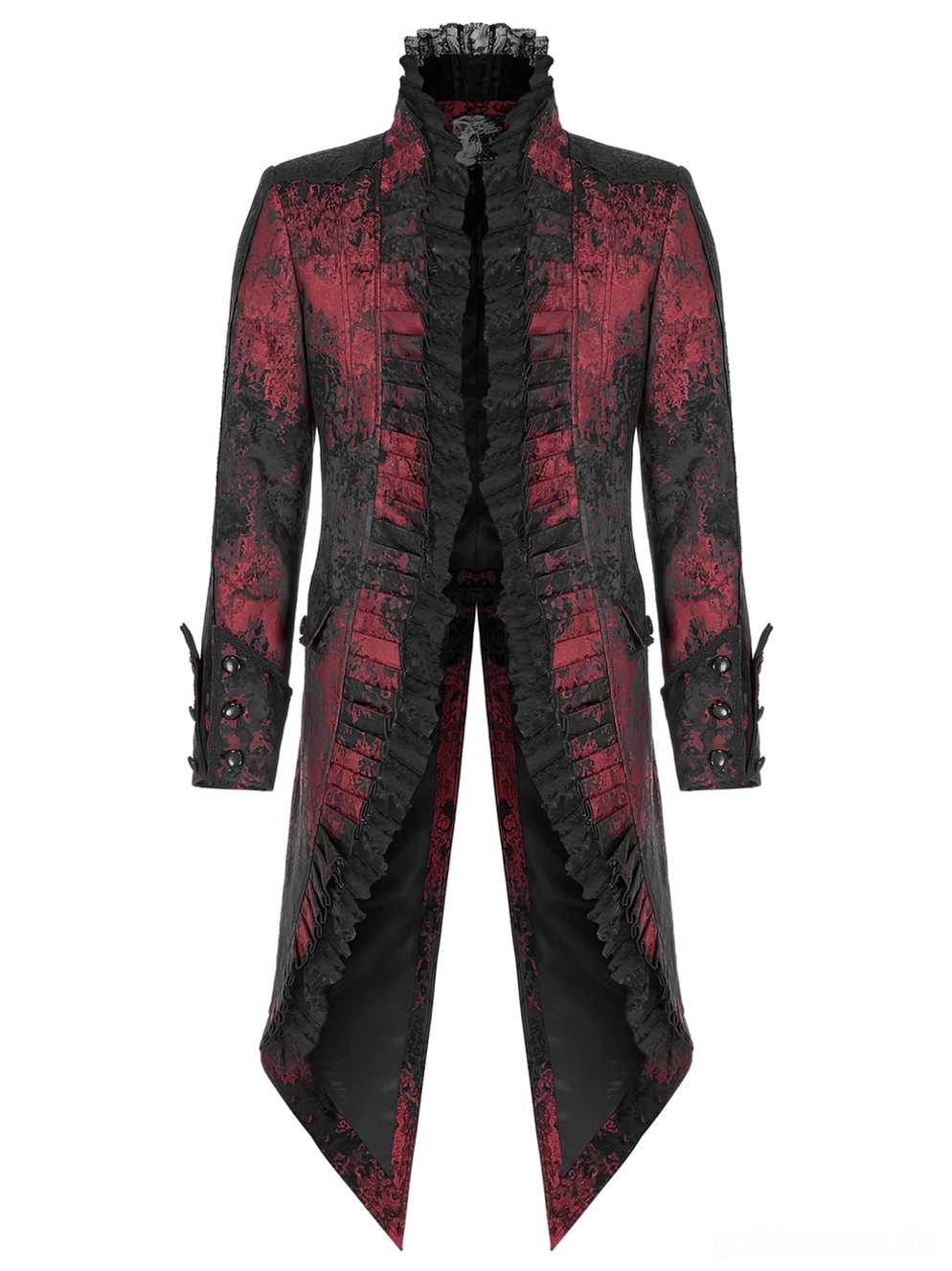 Gothic Tailcoat Frontflachlage mit plissiertem Spitzenstehkragen und Manschettenknöpfen