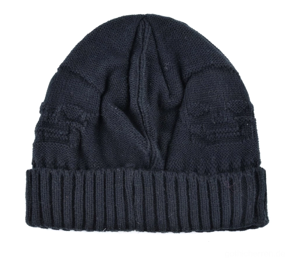 Gothic totenkopf strickmütze alternative ansicht mit zopfmuster und metallverzierung prominent hervorgehoben