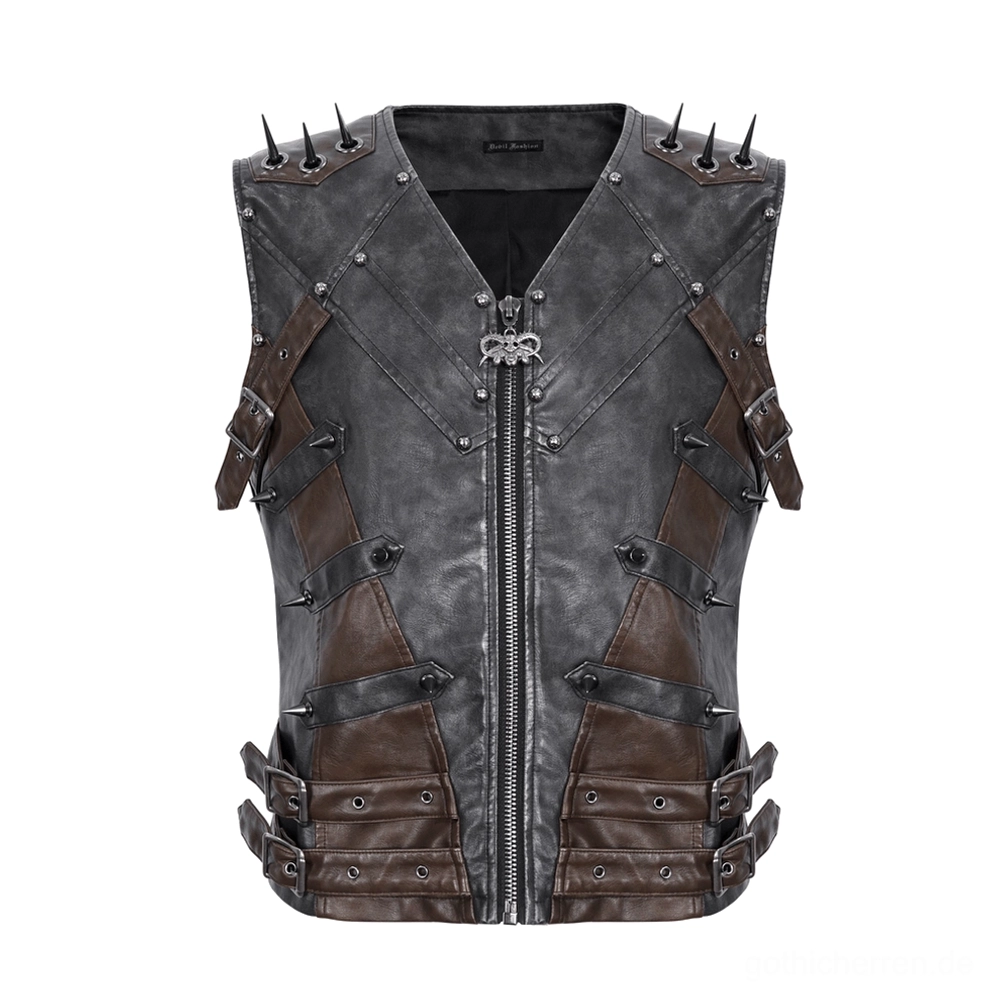 Gothic-Kutte mit Nieten Flachansicht – schwarzes Kunstleder mit braunen Patches, V-Ausschnitt, Totenkopf-Reißverschluss, Schulter-Spikes und Rivet-Dekoration