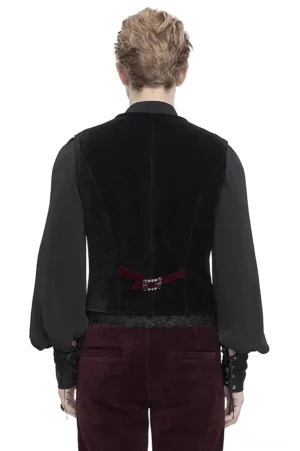 Herren Gothic-Weste Rückansicht mit verstellbarem Schnallenriemen, schwarzer Samtfabrik, kalibriert für alternative Fashion und Goth-Mode