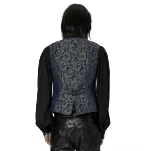 Marineblaue Gothic-Weste Rückansicht mit verstellbarem Gürtel und gespaltener Saummit verstellbarem Metallverschluss