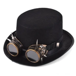 Gothic Steampunk Zylinder mit messingfarbenen Vintage-Brillen und schwarzen Metallspitzen-Verzierungen, schwarzer Polyester-Zylinderhut für alternative Mode, Cosplay und Gothic-Events mit angebrachtem schwarzem Hutband