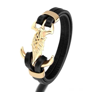 Goldton Gothisches Herren-Adlerflügel-Lederarmband mit Edelstahl-Adlerkopf-Verschluss und doppelten schwarzen Lederbändern im Punk-Stil