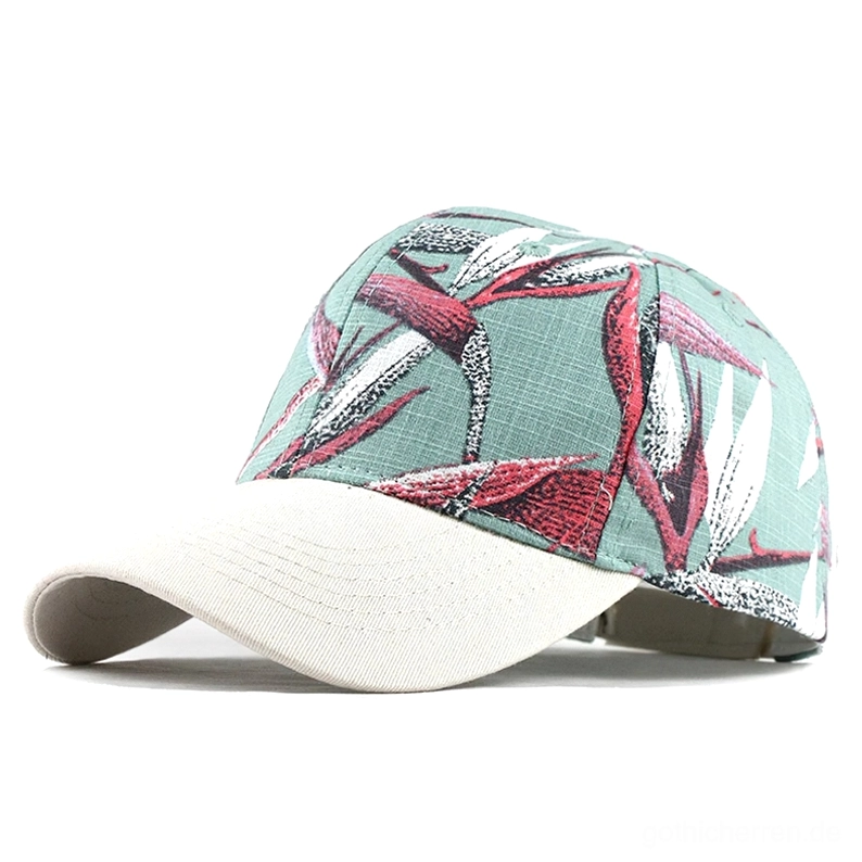 Mint-Grüne Gothic Cap mit rotem Paradiesvogel-Floral Print und Grünwerk – Hexen-Ästhetik Exotischer Botanik