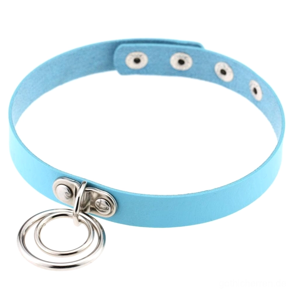 Pastellhimmelblau Gothic Choker Halskette mit doppelten Metallringen, verstellbares PU-Leder Design Dark Fashion Halsband