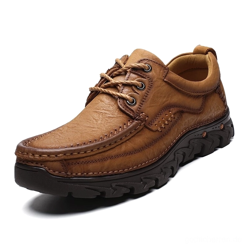 Camel beige gewachste Leder gothische Oxford Schnürschuhe mit klassischem Schnürdesign rutschfeste Gummisohle Seitenwinkel